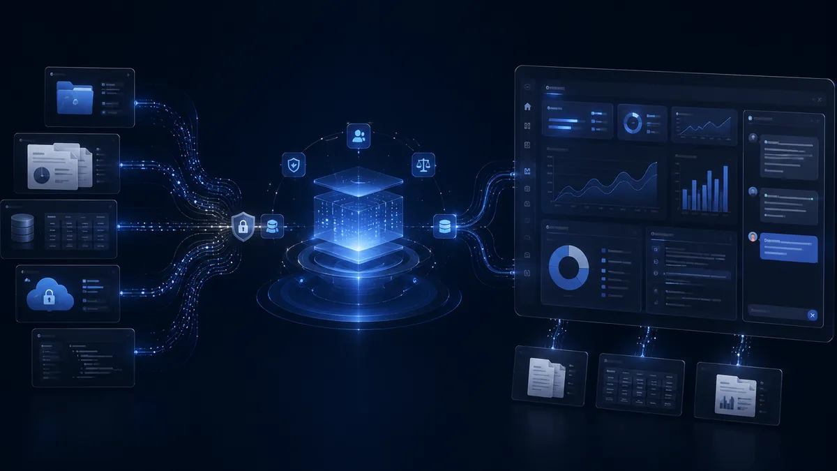 Governed enterprise AI workflow: internal document and data sources feeding a controlled knowledge layer that outputs an executive insight dashboard.
