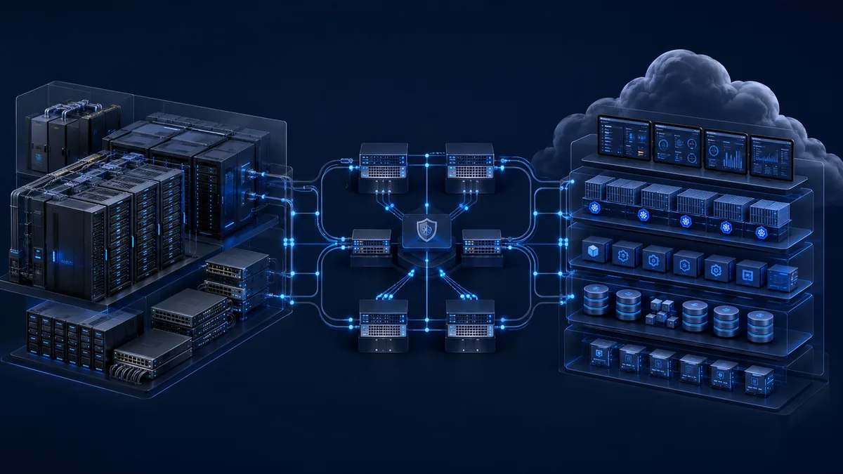 Hybrid infrastructure architecture: an on-premise data centre connected through a resilient enterprise network to cloud infrastructure and business workloads.