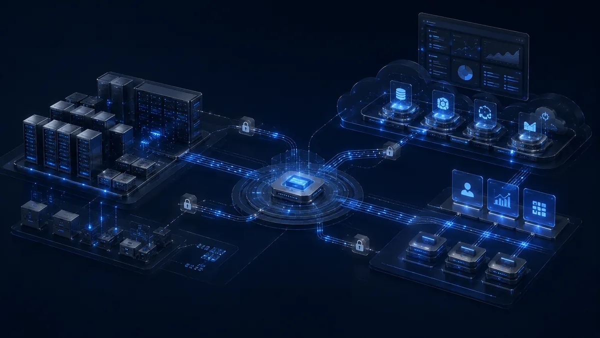 Secured enterprise estate: on-premise data centre, cloud services and business applications joined by network paths with enforcement points at each boundary.