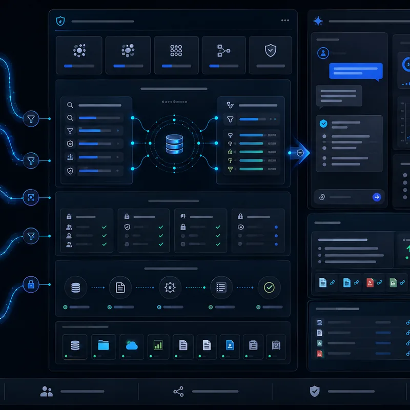 Governed AI architecture: internal data sources and documents feeding a central retrieval layer that produces an assistant and decision-support interface.
