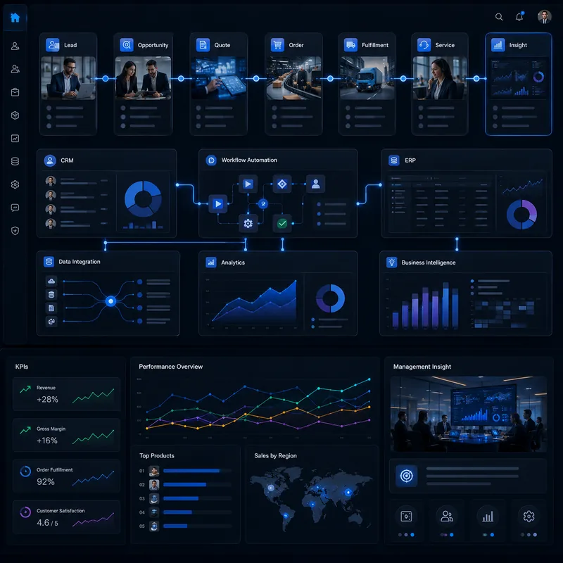 Connected business platform showing CRM, ERP, workflow automation, data integration and analytics feeding a single management view.