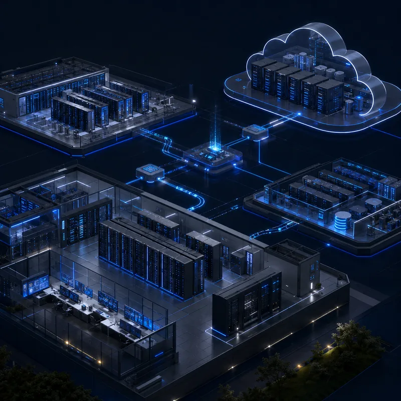 Isometric view of an enterprise data centre linked by secure network paths to a cloud region and a redundant recovery site.