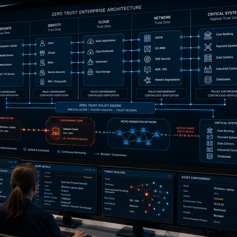 Zero Trust architecture board in a security operations room, mapping endpoints, identity, cloud and network trust zones with policy enforcement between each.