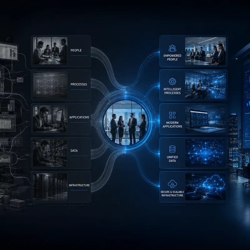 Transformation journey from fragmented legacy people, processes, applications, data and infrastructure into a connected modern operating model.