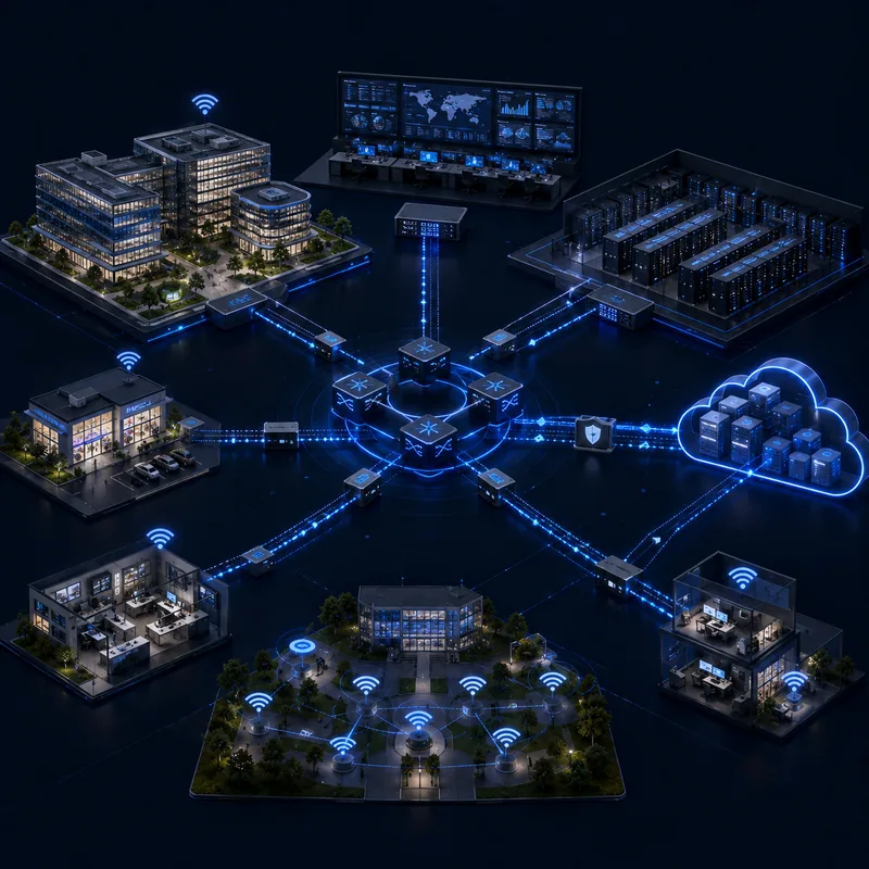 Isometric enterprise network joining headquarters, branch offices, a campus, a data centre and cloud services through secure segmented links.