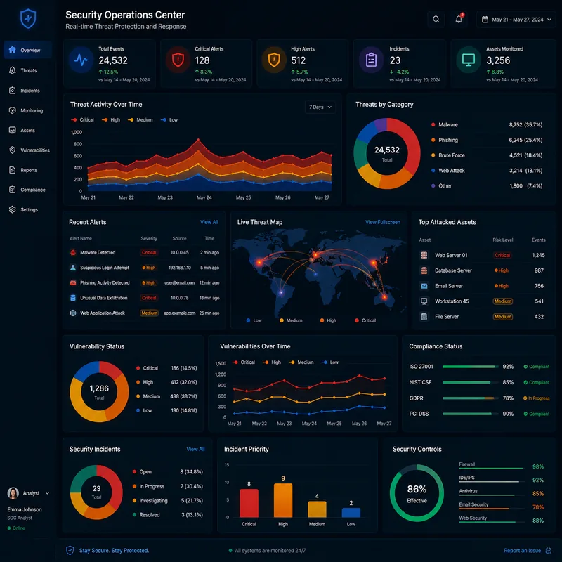 Risk and assurance dashboard tracking control coverage, vulnerability status and compliance posture against recognised regulatory frameworks.