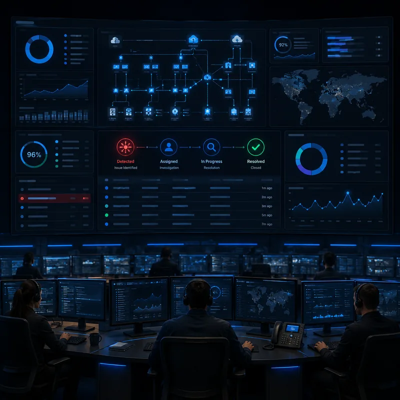Operations centre with wall displays tracking service health, an incident moving from detection through to resolution, and infrastructure performance trends.