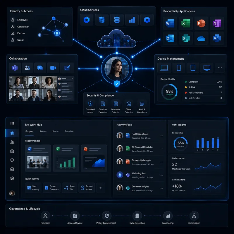 Modern workplace ecosystem linking identity and access, cloud services, productivity and collaboration tools, device management and governance.